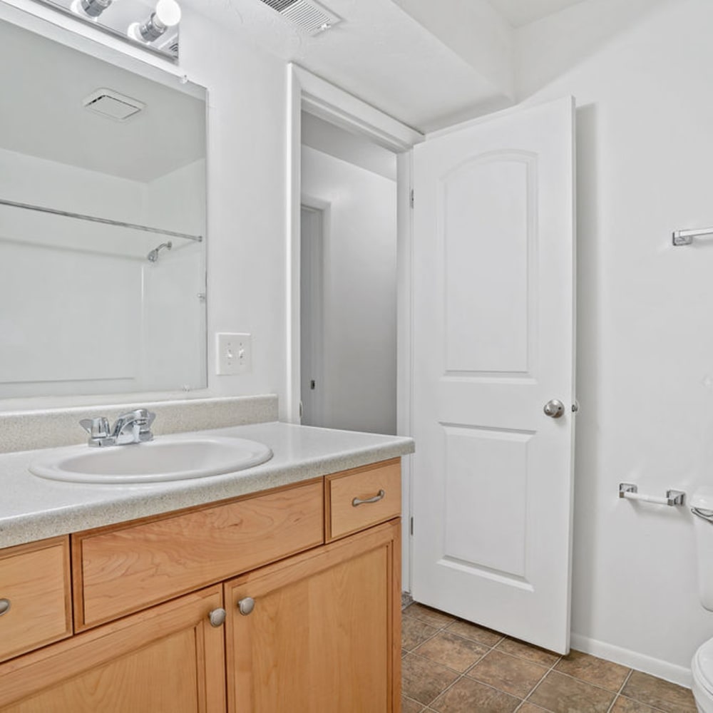 A sink and cabinets in an apartment bathroom at Chadds Ford Apartments in Midvale, Utah