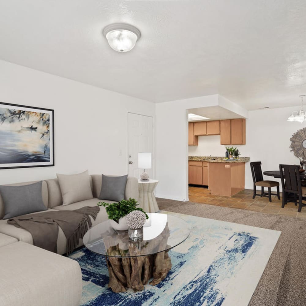 A furnished apartment living room at Elk Run Apartments in Magna, Utah