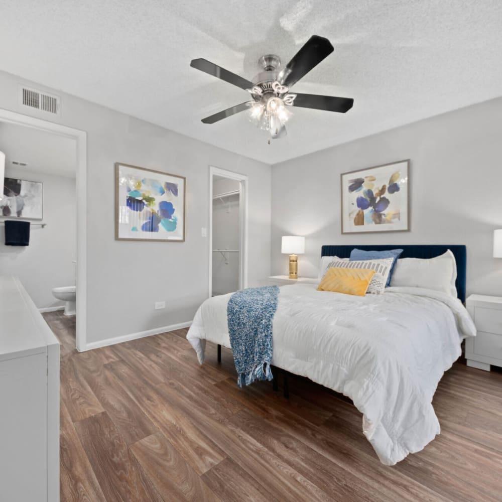 Bedroom with a ceiling fan at The Pointe at South Mountain in Phoenix, Arizona