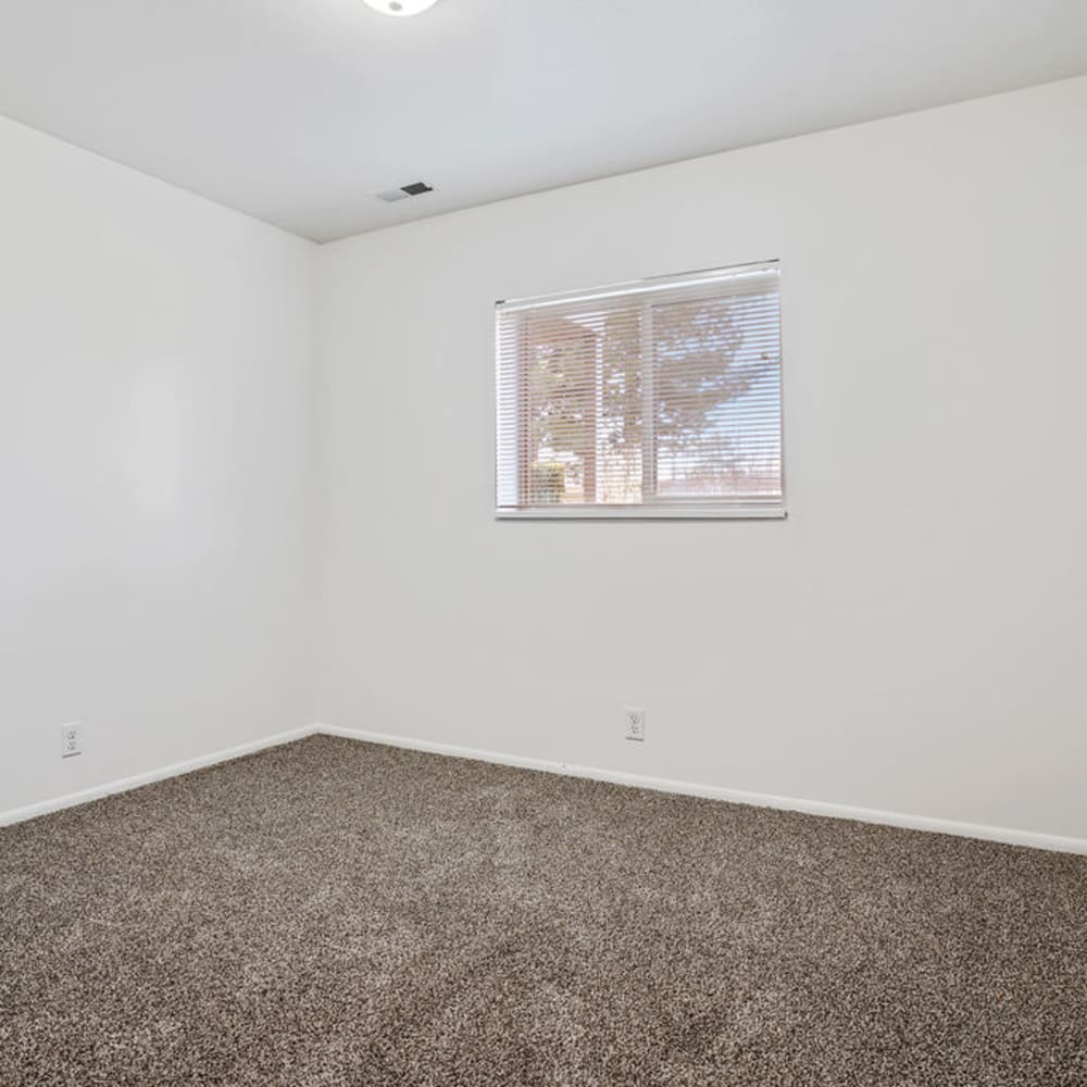 A window and plush carpeting in an apartment bedroom at Lincoln Park Apartments in Taylorsville, Utah