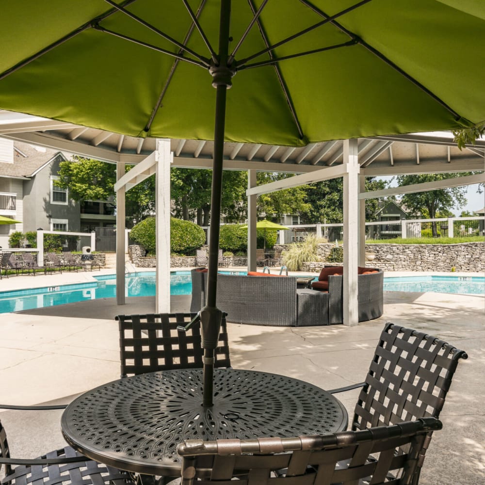 Patio table and umbrellas at Southpoint at Stones River in Hermitage, Tennessee