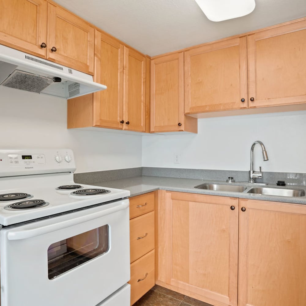 Light wood cabinets and white appliances in an apartment kitchen at Regency Apartments in Salt Lake City, Utah