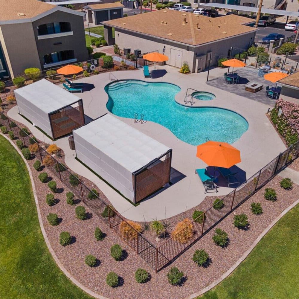Aerial view of swimming pool area at Morada Rise in Phoenix, Arizona