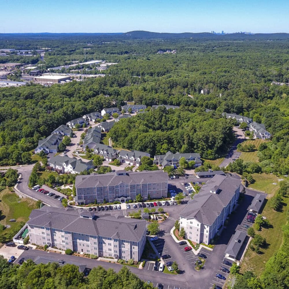 Aerial view of apartment complex at Lux at Stoughton in Stoughton, Massachusetts
