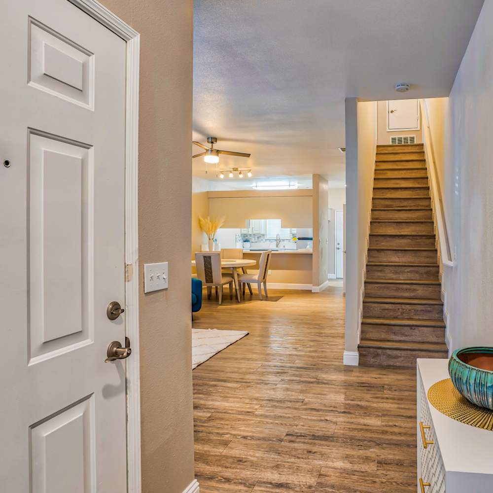 In unit hallway stairs at Ascent Townhome Apartments in Fresno, California