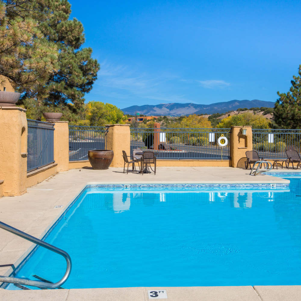 Enjoy the views from the pool at The Mica in Santa Fe, New Mexico