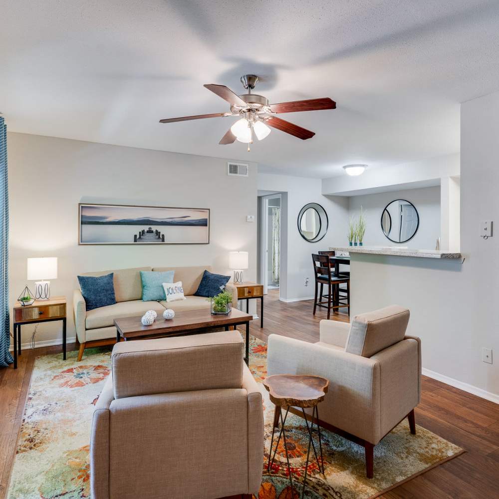Living space with a ceiling fan at Ridgemont at Stringers Ridge in Chattanooga, Tennessee