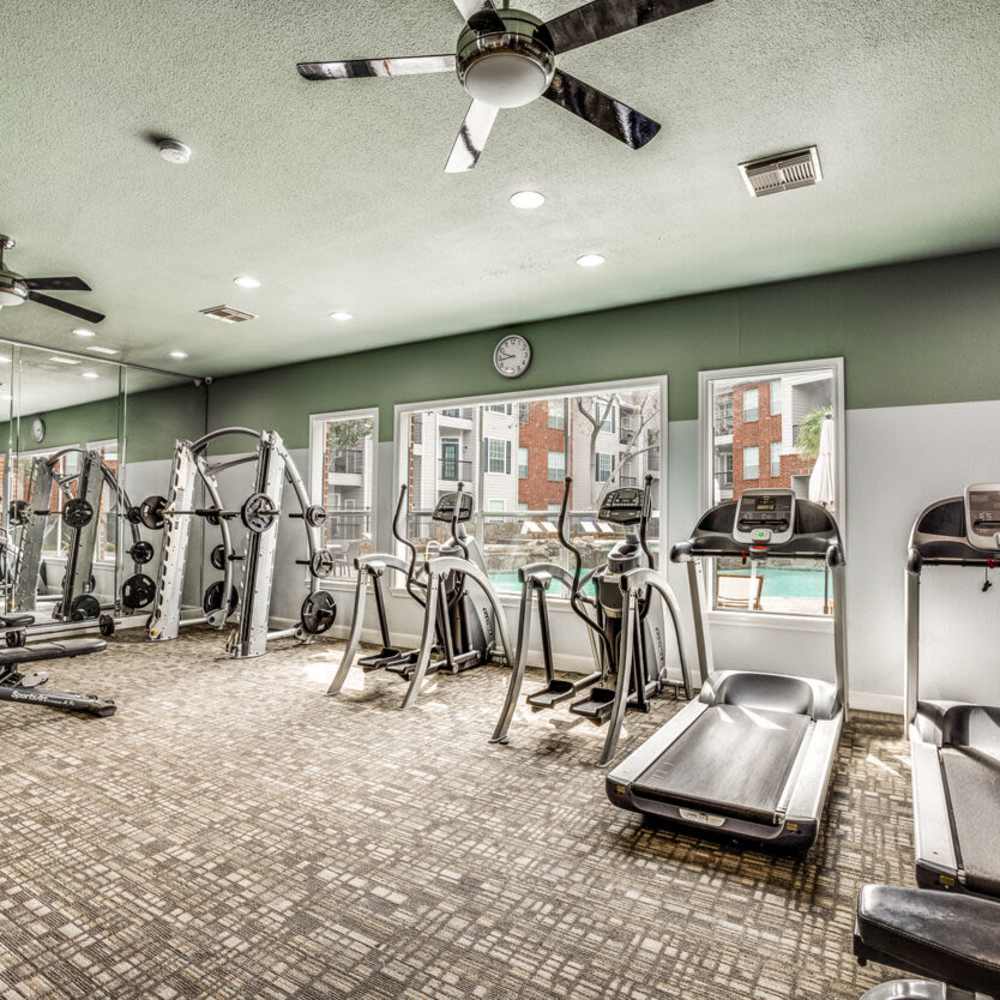 Fitness center with treadmills at Woodland Park in Houston, Texas