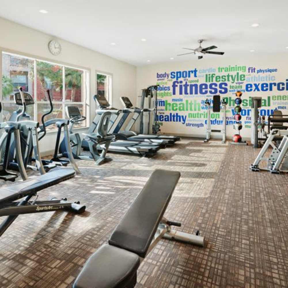 Fitness center with exercise machines at Woodland Park in Houston, Texas