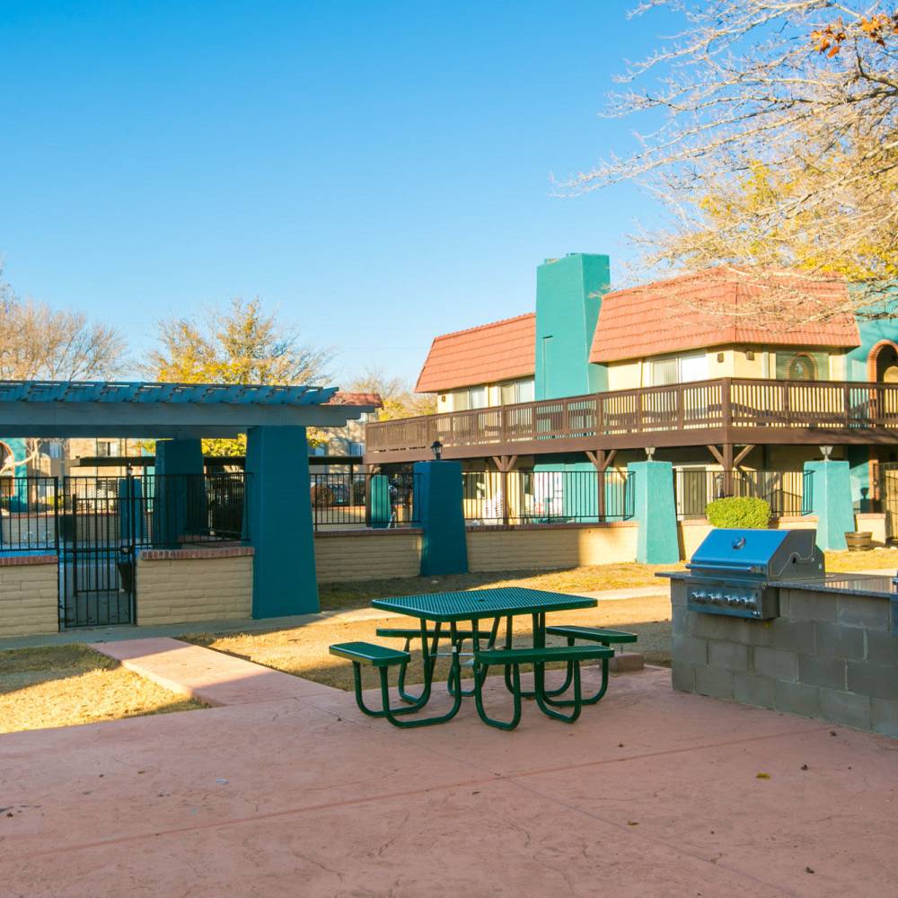 Picnic tables and barbequing stations at Calero in Albuquerque, New Mexico