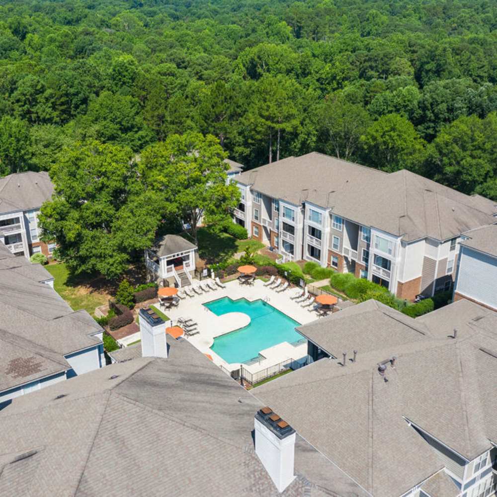 Over head view of the community with lots of trees at Concord Apartments in Raleigh, North Carolina