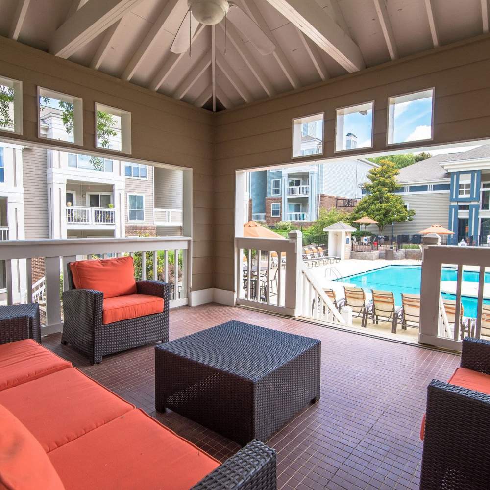 Cabana with patio seating at Concord Apartments in Raleigh, North Carolina
