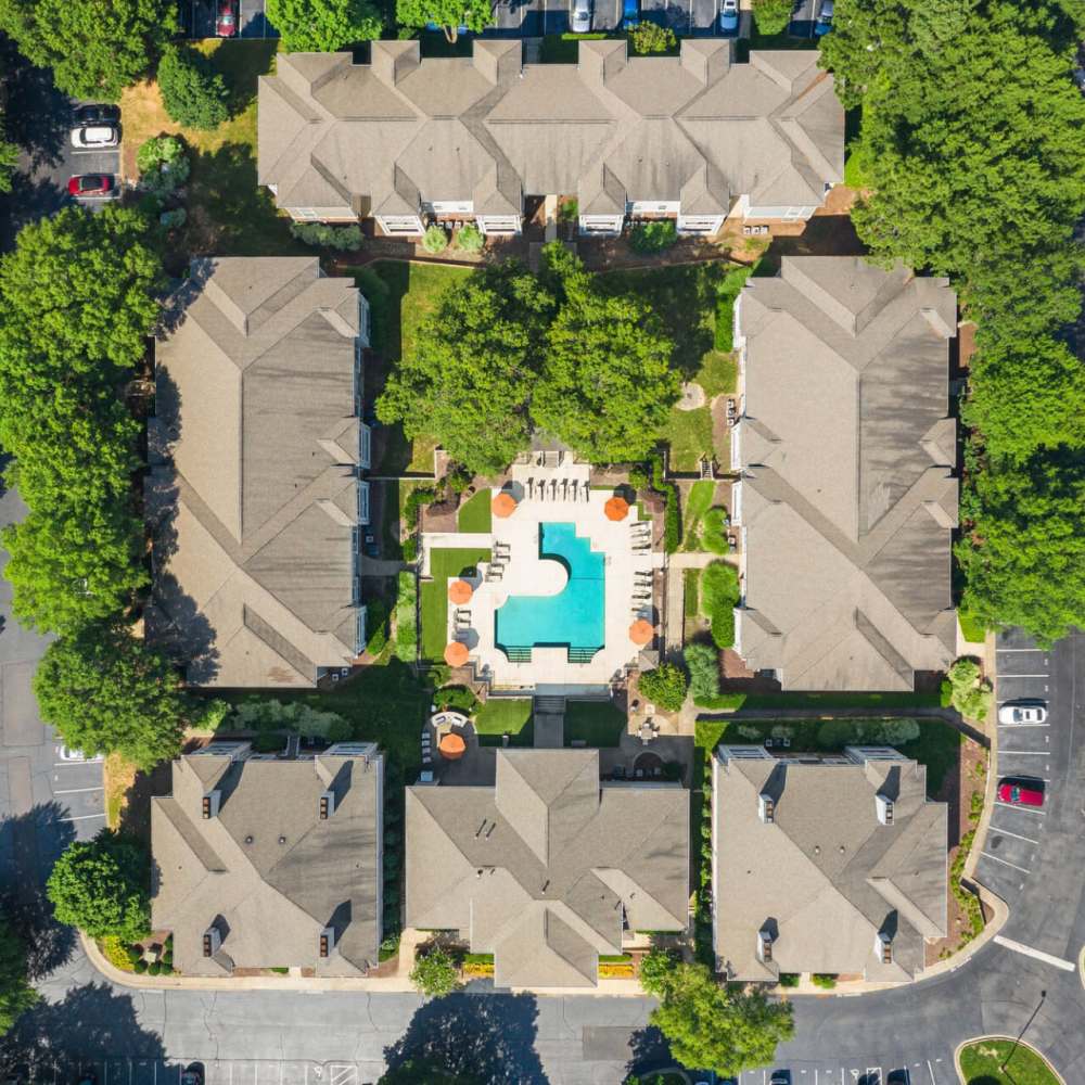 Over head view of the community and pool at Concord Apartments in Raleigh, North Carolina