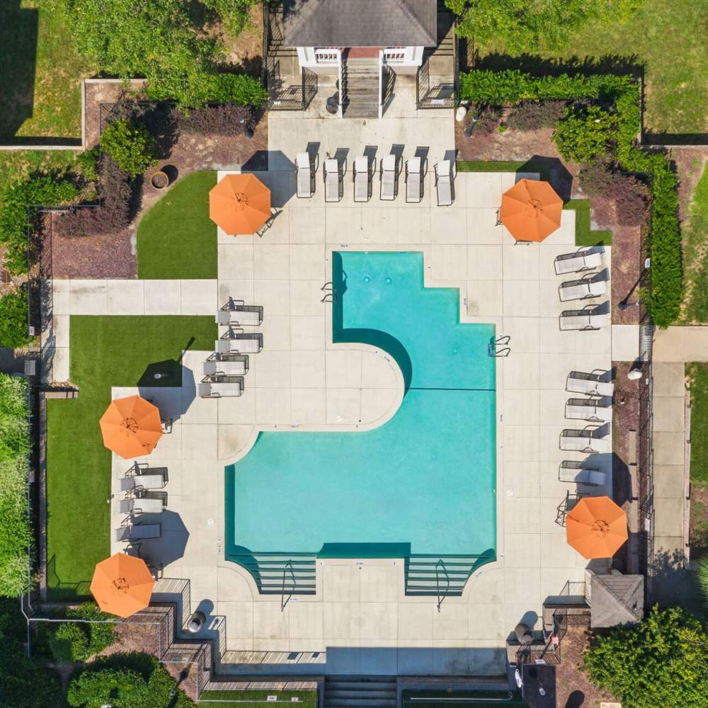 Overhead view of the swimming pool area at Concord Apartments in Raleigh, North Carolina