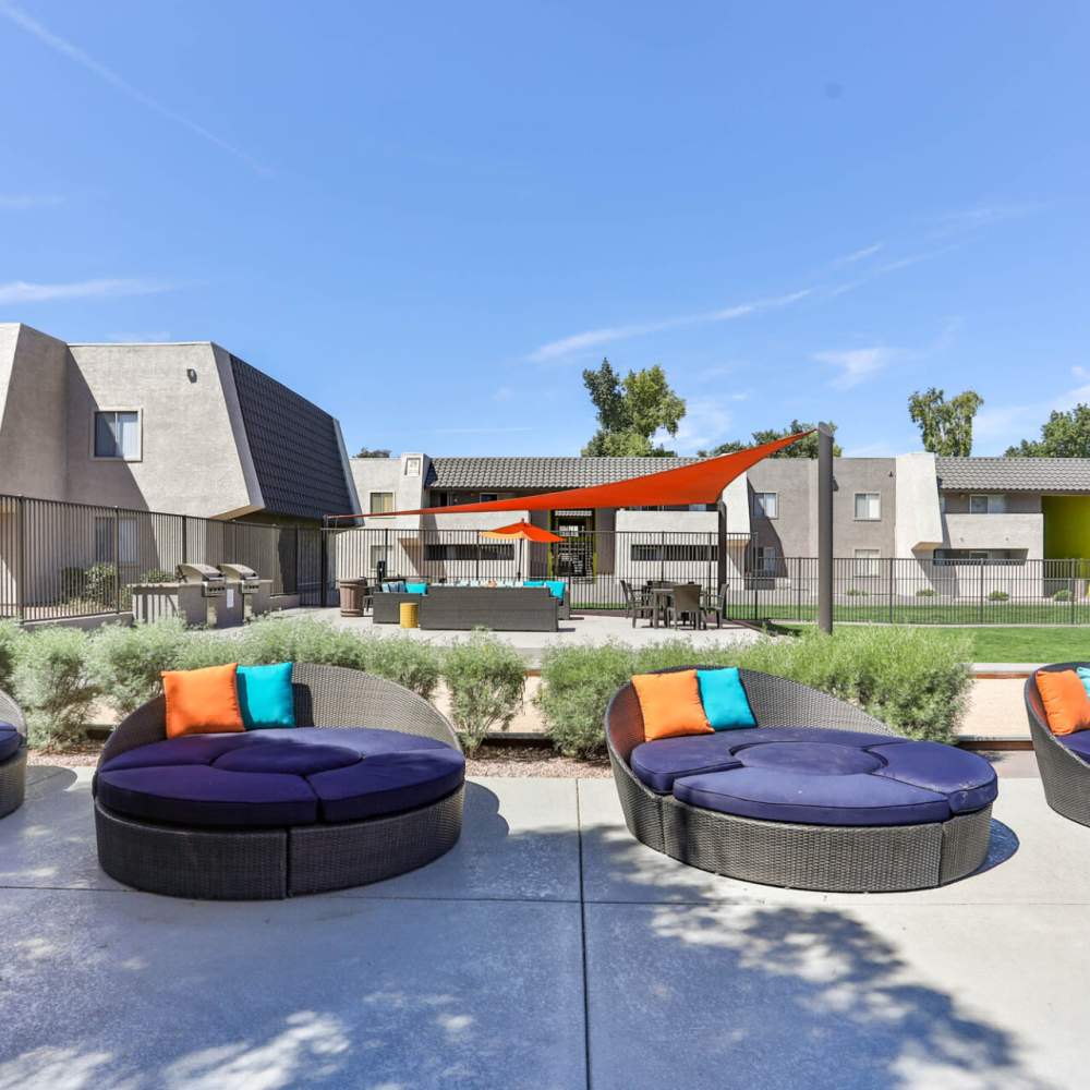Outdoor community gathering areas at Highland Park in Tempe, Arizona