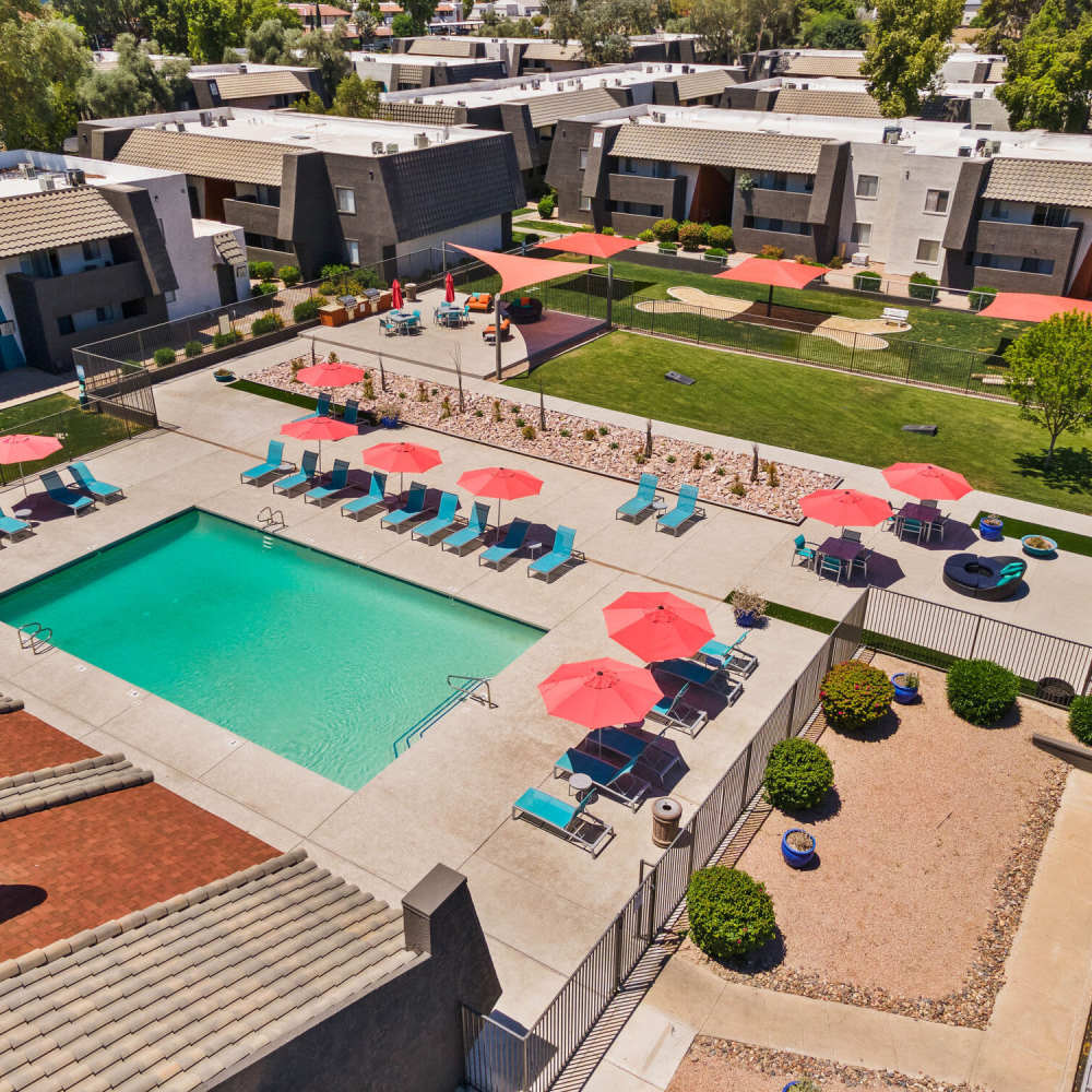Overhead view of the swimming pool area at Highland Park in Tempe, Arizona