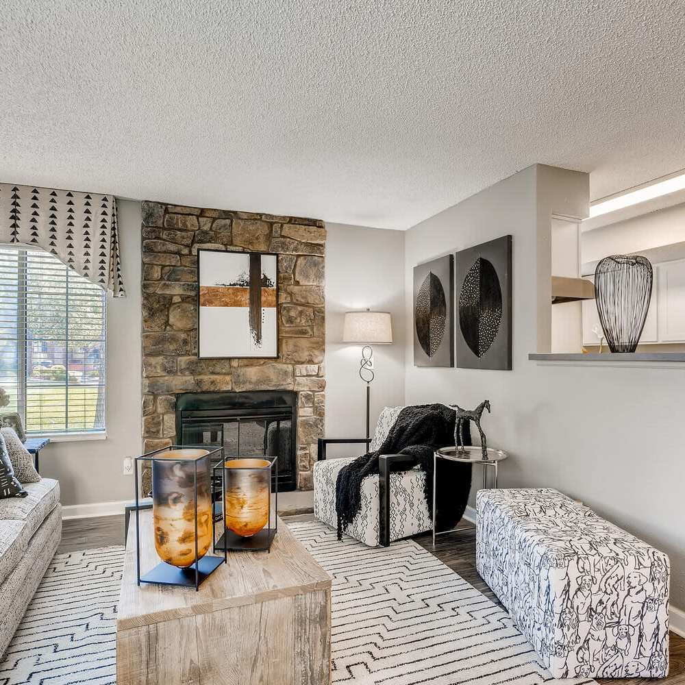Living space with a sofa and coffee table at Loretto Heights in Denver, Colorado