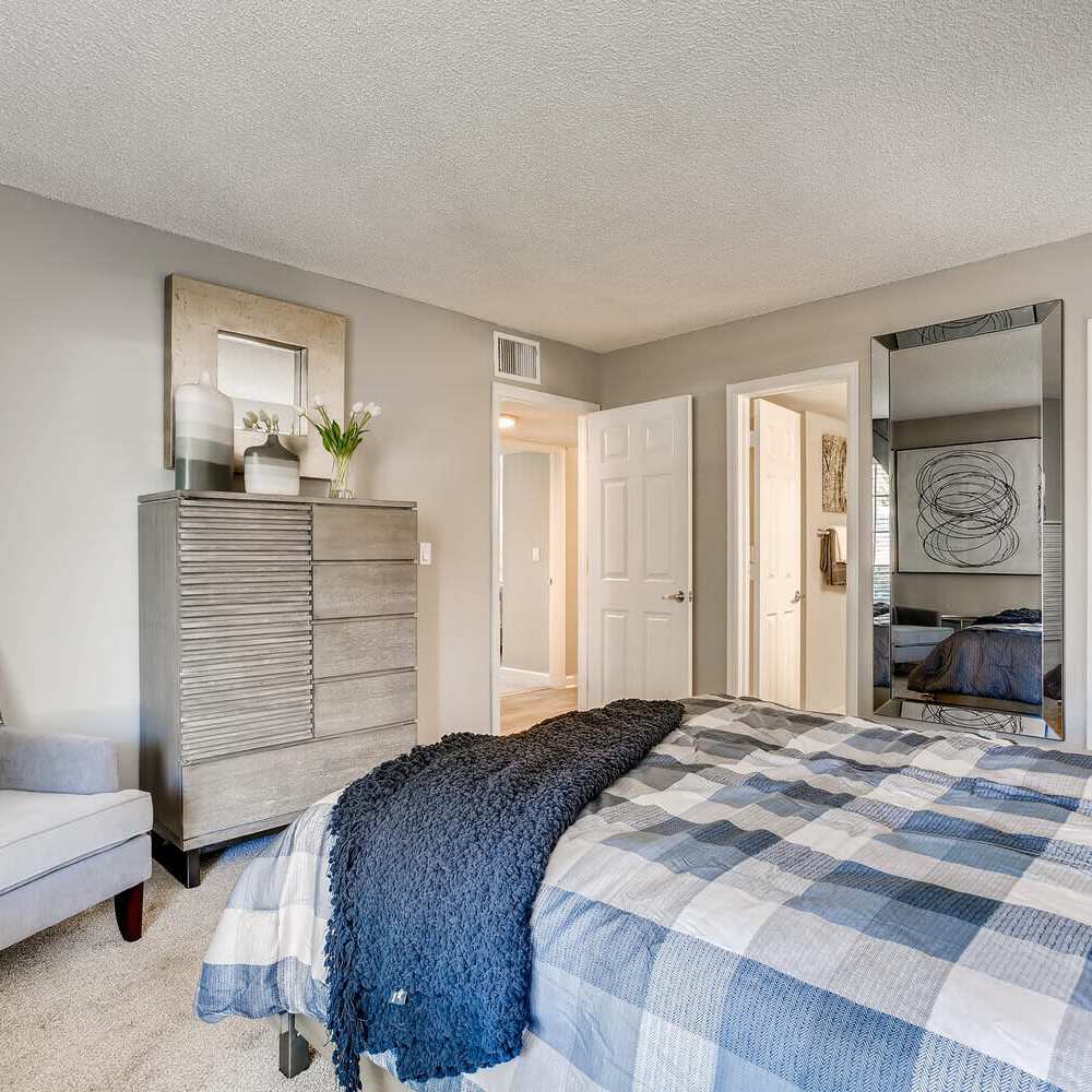 Bedroom with large closets at Loretto Heights in Denver, Colorado