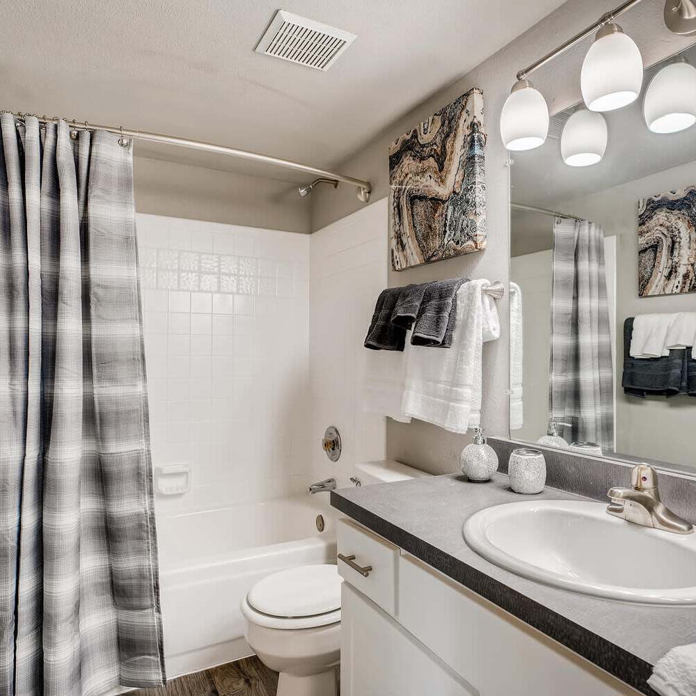 Bathroom with good counter space at Loretto Heights in Denver, Colorado