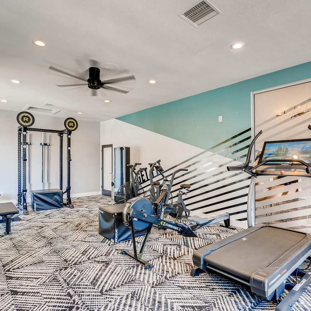 Fitness center with exercise bikes at Loretto Heights in Denver, Colorado