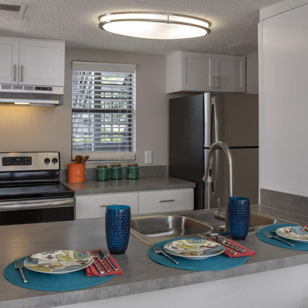 Kitchen with stainless-steel appliances at Four Lakes at Clearwater in Clearwater, Florida