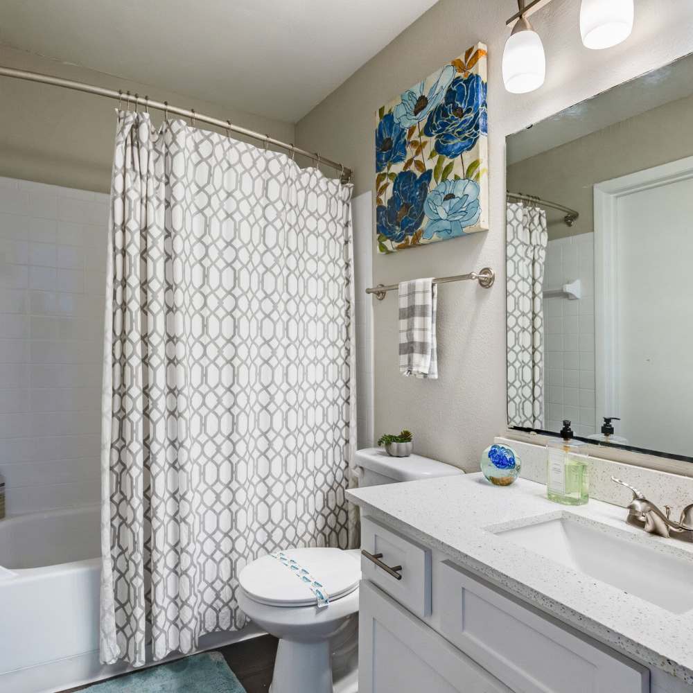 Bathroom with updated cabinetry at Fourteen01 Apartments in Orlando, Florida