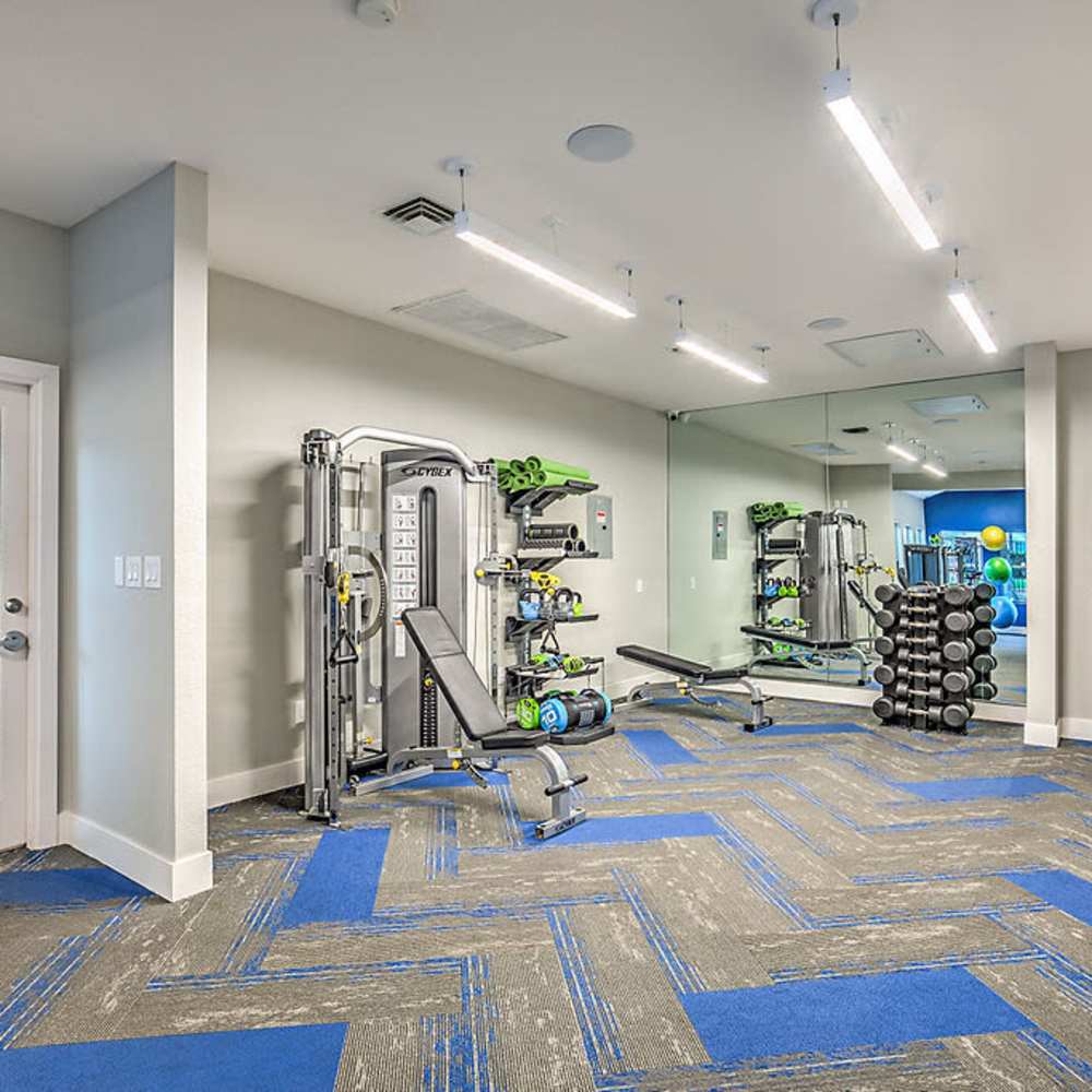 Fitness center with free weights at The Marlow in Henderson, Nevada