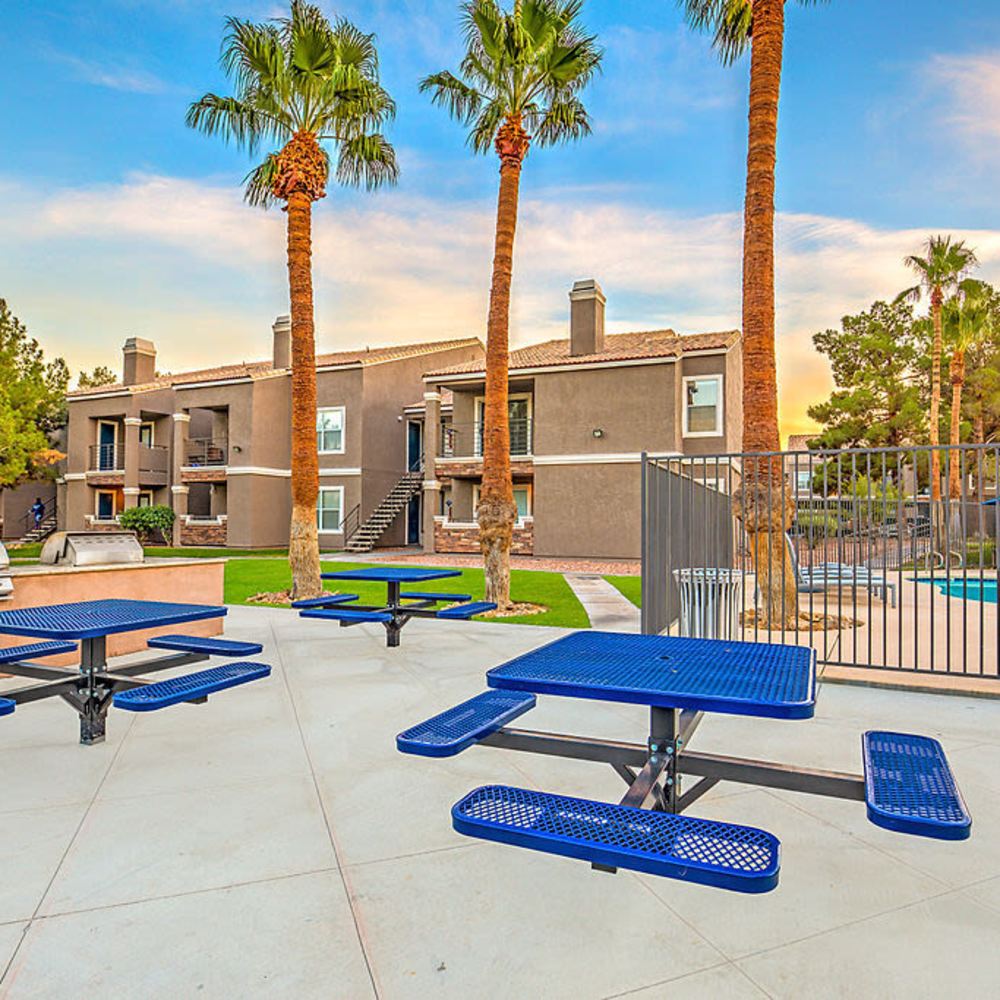 Steel picnic tables at The Marlow in Henderson, Nevada