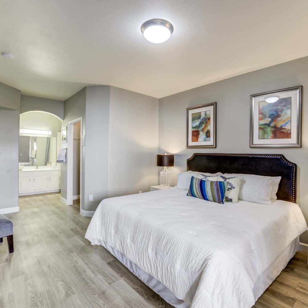 Bedroom with wood-style flooring at Calypso Apartments in Las Vegas, Nevada