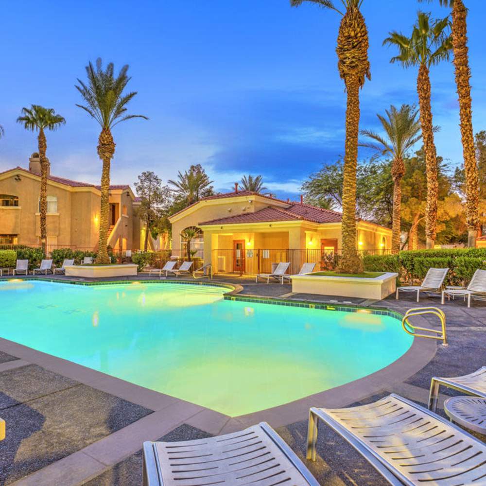 Swimming pool evening view at Calypso Apartments in Las Vegas, Nevada