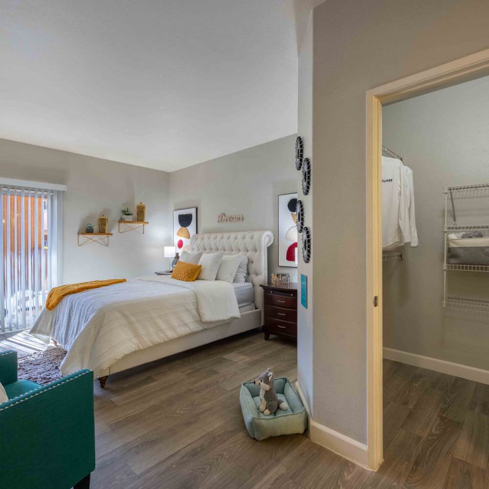 Bedroom with wood-style flooring at Collage in Las Vegas, Nevada