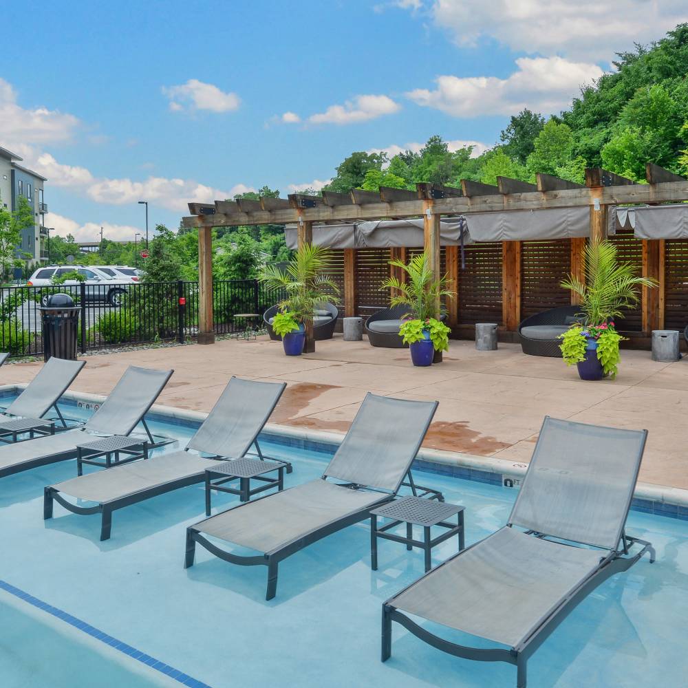 Poolside lounge chairs at Riverworks in Phoenixville, Pennsylvania
