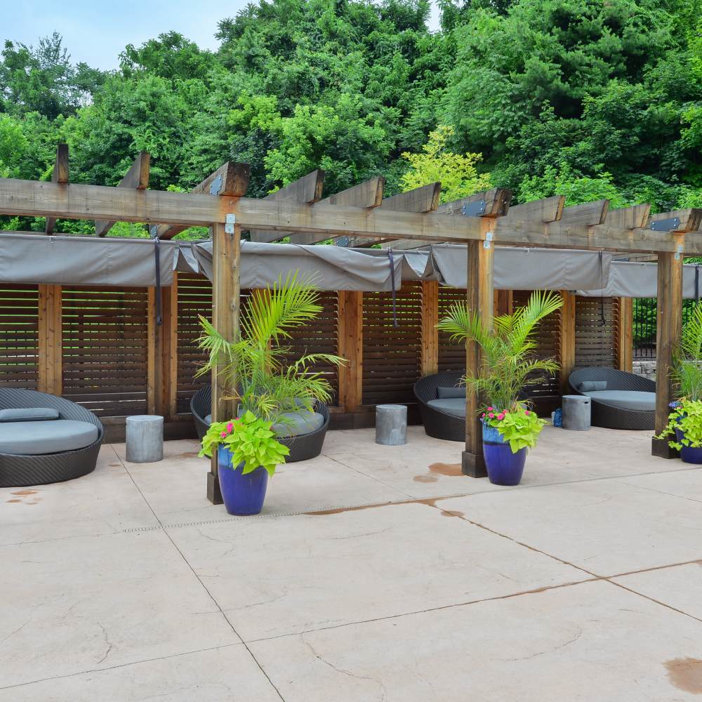 Landscaping and seating near the pool at Riverworks in Phoenixville, Pennsylvania