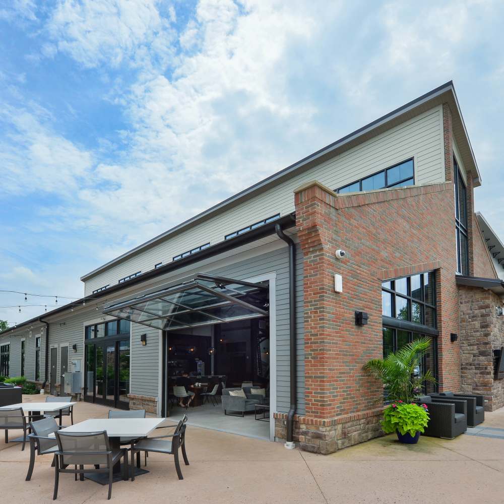 Outdoor lounge exterior at Riverworks in Phoenixville, Pennsylvania