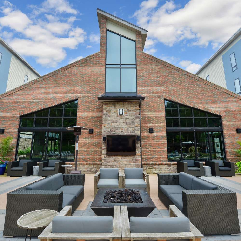 Outdoor seating at Riverworks in Phoenixville, Pennsylvania