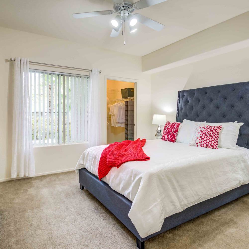 Bedroom with large windows at Aviata in Las Vegas, Nevada