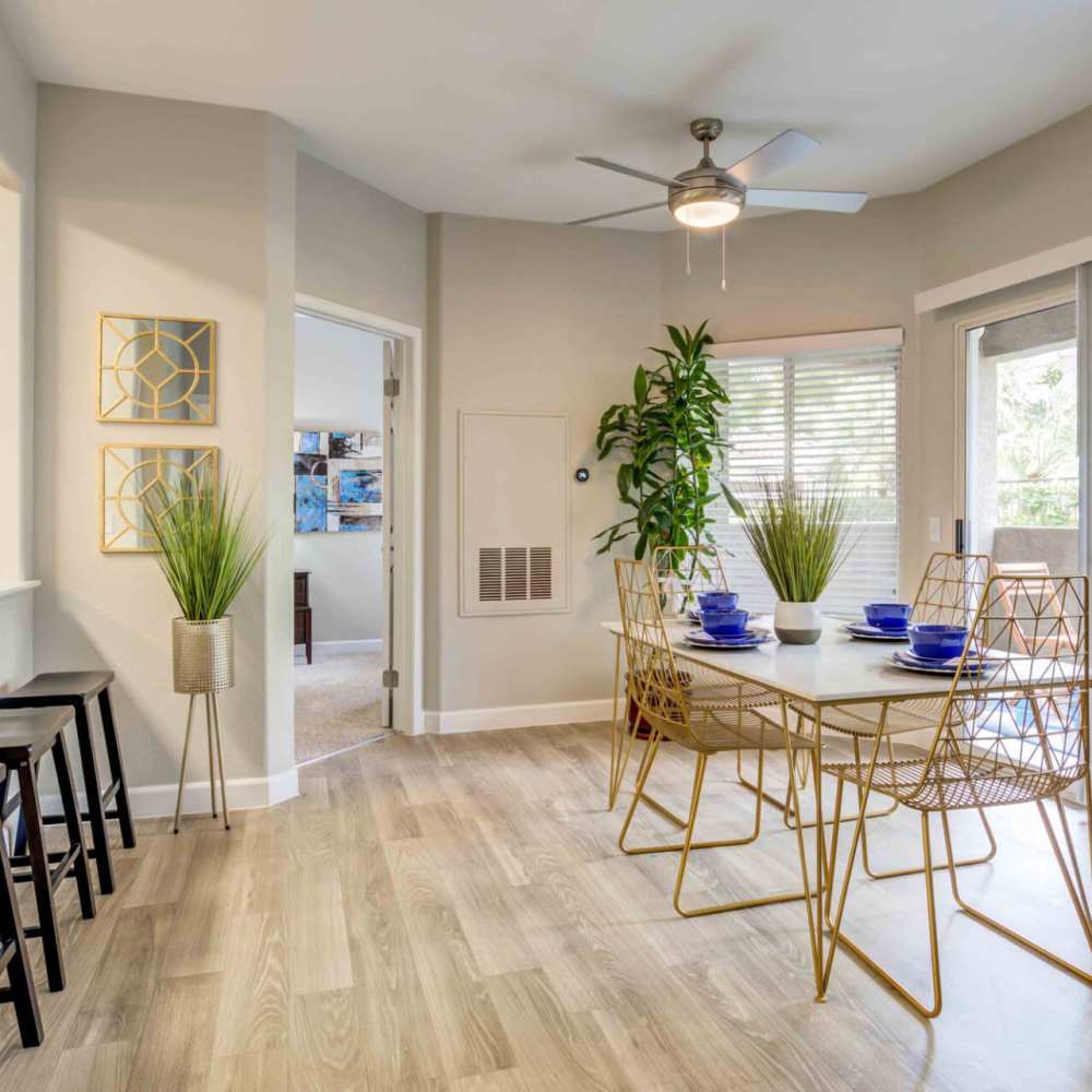 Dinning space with a ceiling fan at Aviata in Las Vegas, Nevada