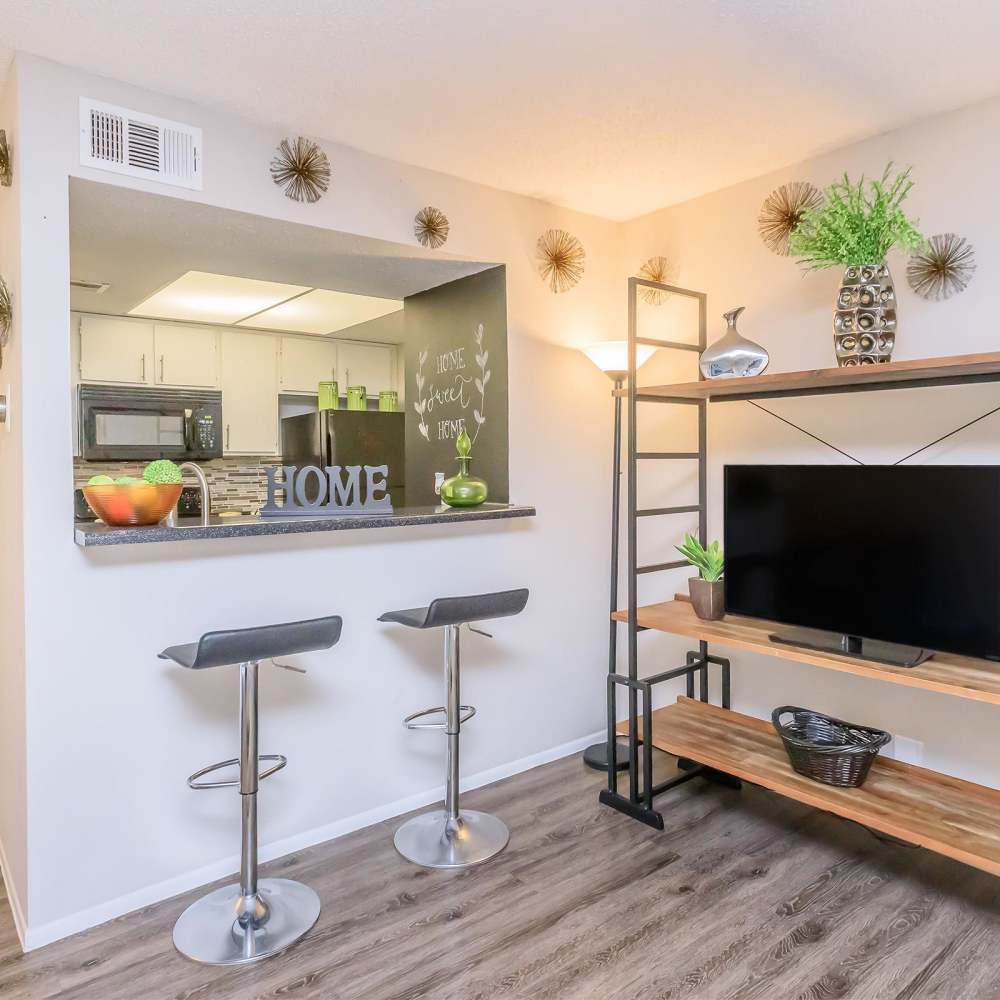 Modern living room at Harper at the Park in San Antonio, Texas