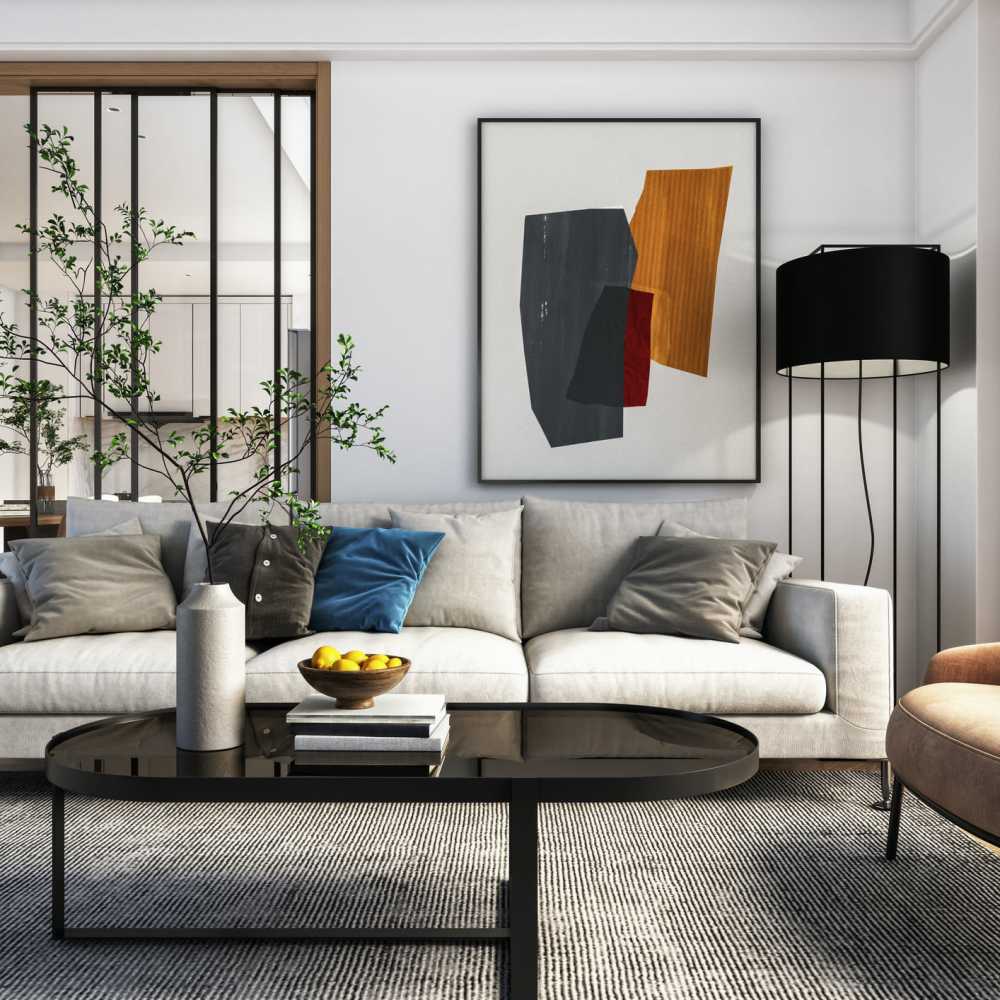 Apartment living room with abstract art on the wall at The Elysian at Stonefield in Charlottesville, Virginia