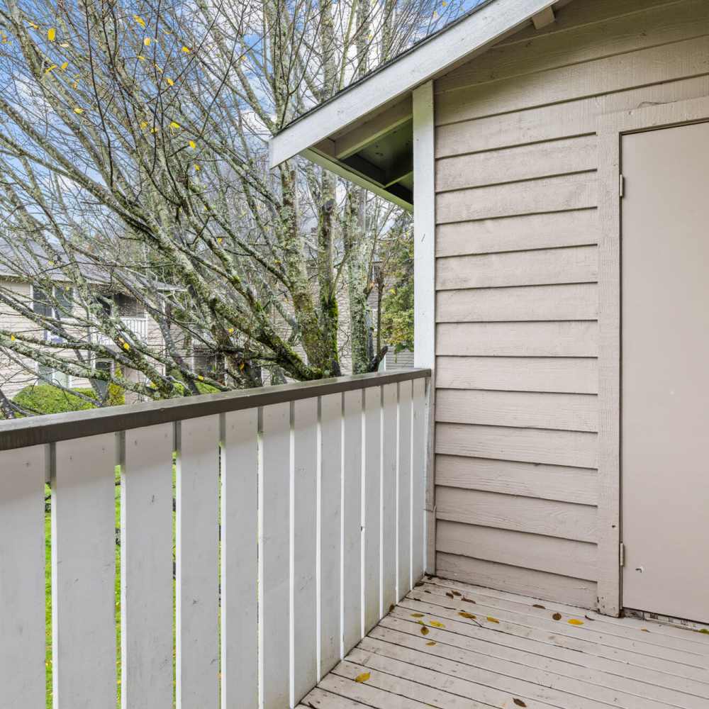 Balcony with storage space at Spinnaker Apartments in Des Moines, Washington