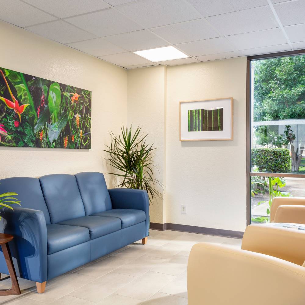Community lounge area with soft seating at Casa Panorama in Panorama City, California