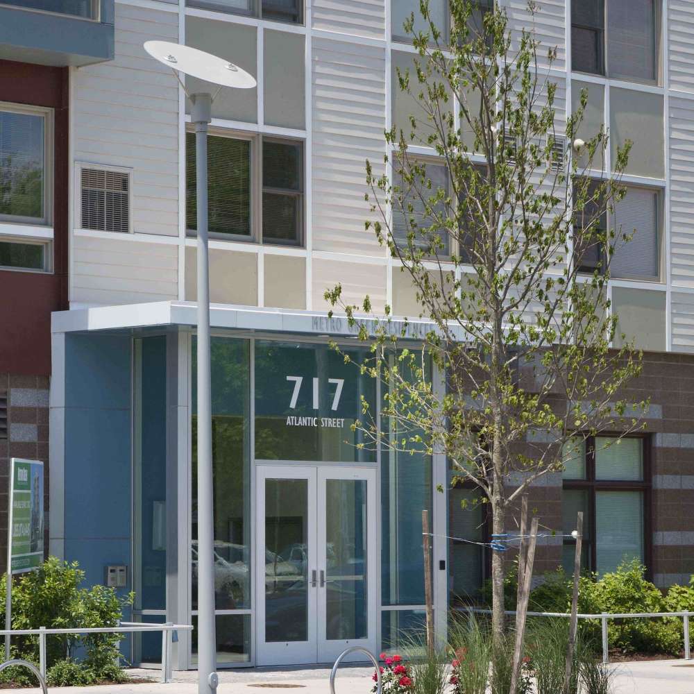 Entryway doors to Metro Green Residences in Stamford, Connecticut