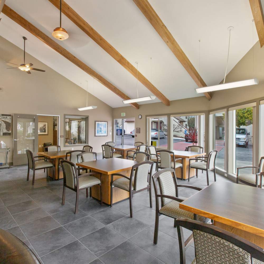 Community area at Mission Gardens in Santa Cruz, California