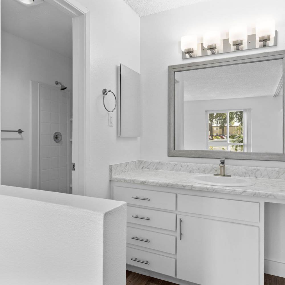 Bathroom with good counter space at Terre at Mollison in El Cajon, California