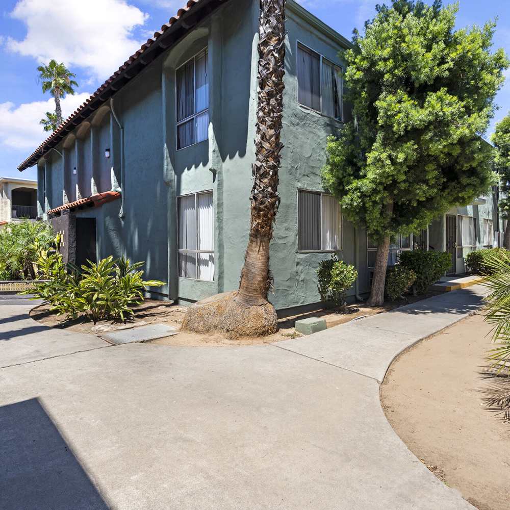 Exterior view of apartment building at Terre at Mollison in El Cajon, California