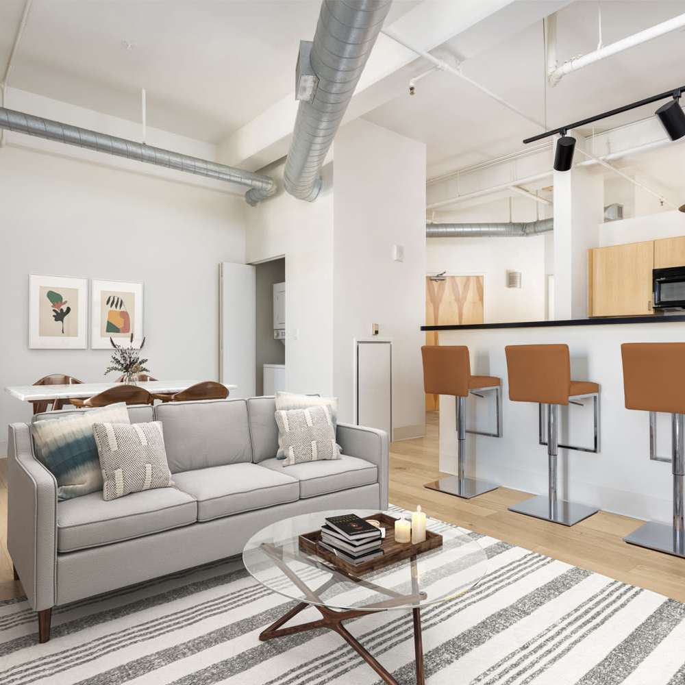 spacious living room at Grand Lowry Lofts in Denver, Colorado