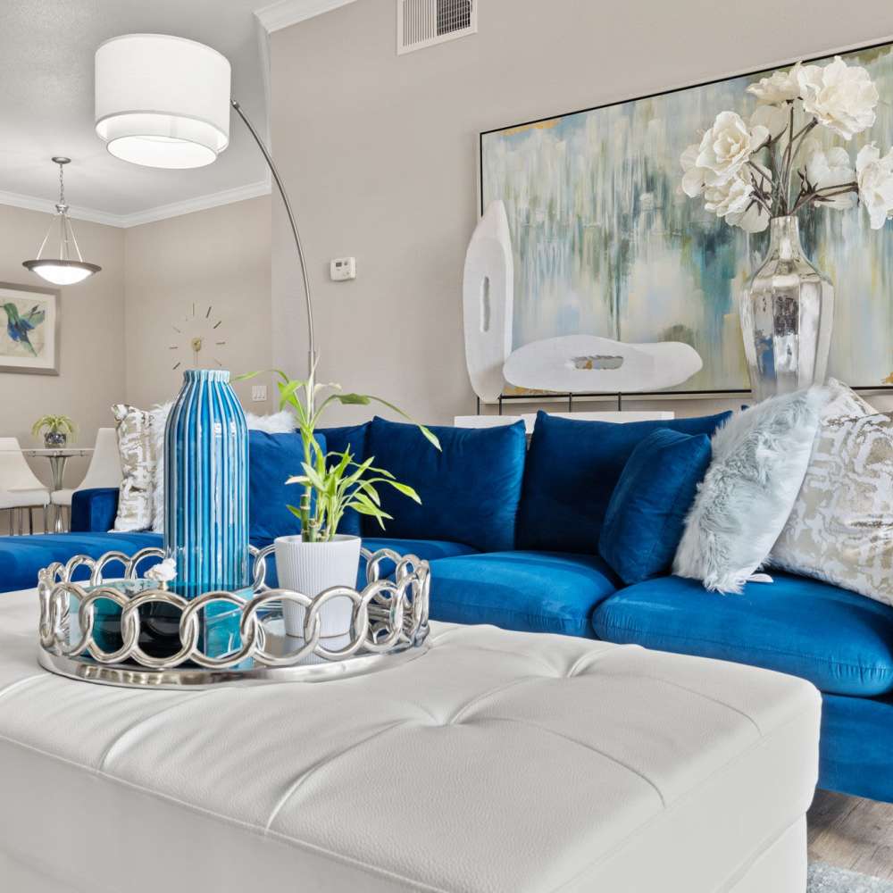 Living room with blue couch at Canyon Vista in Sparks, Nevada