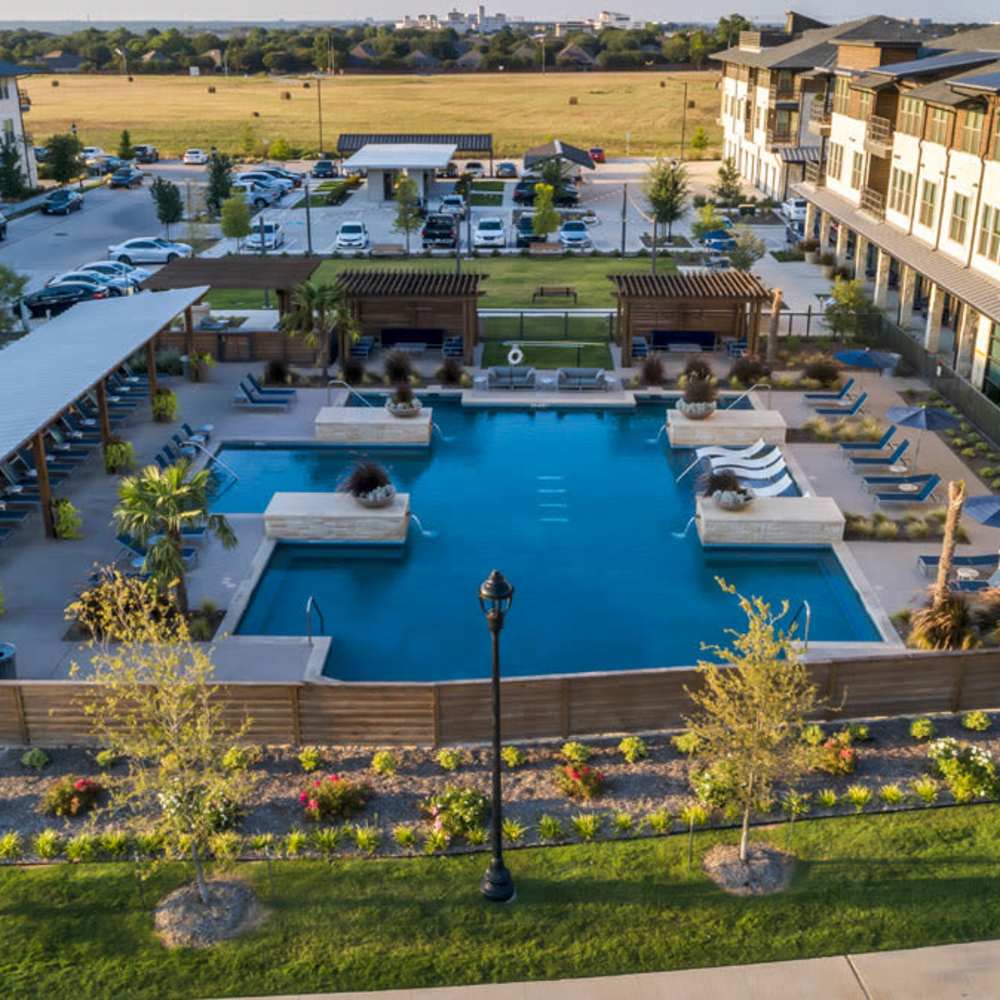 Arial view of the resort-style pool at Chisholm at Tavolo Park in Fort Worth, Texas