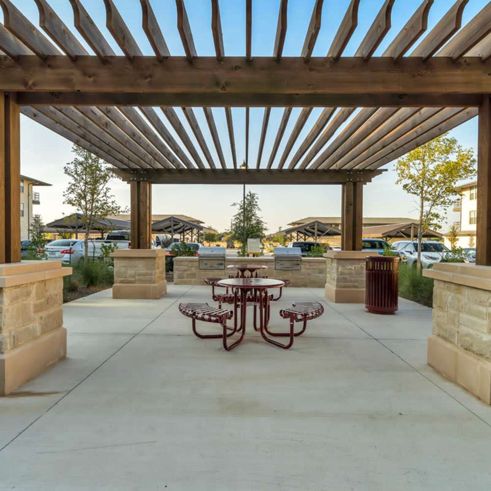 Pergola over a picnic table at Chisholm at Tavolo Park in Fort Worth, Texas