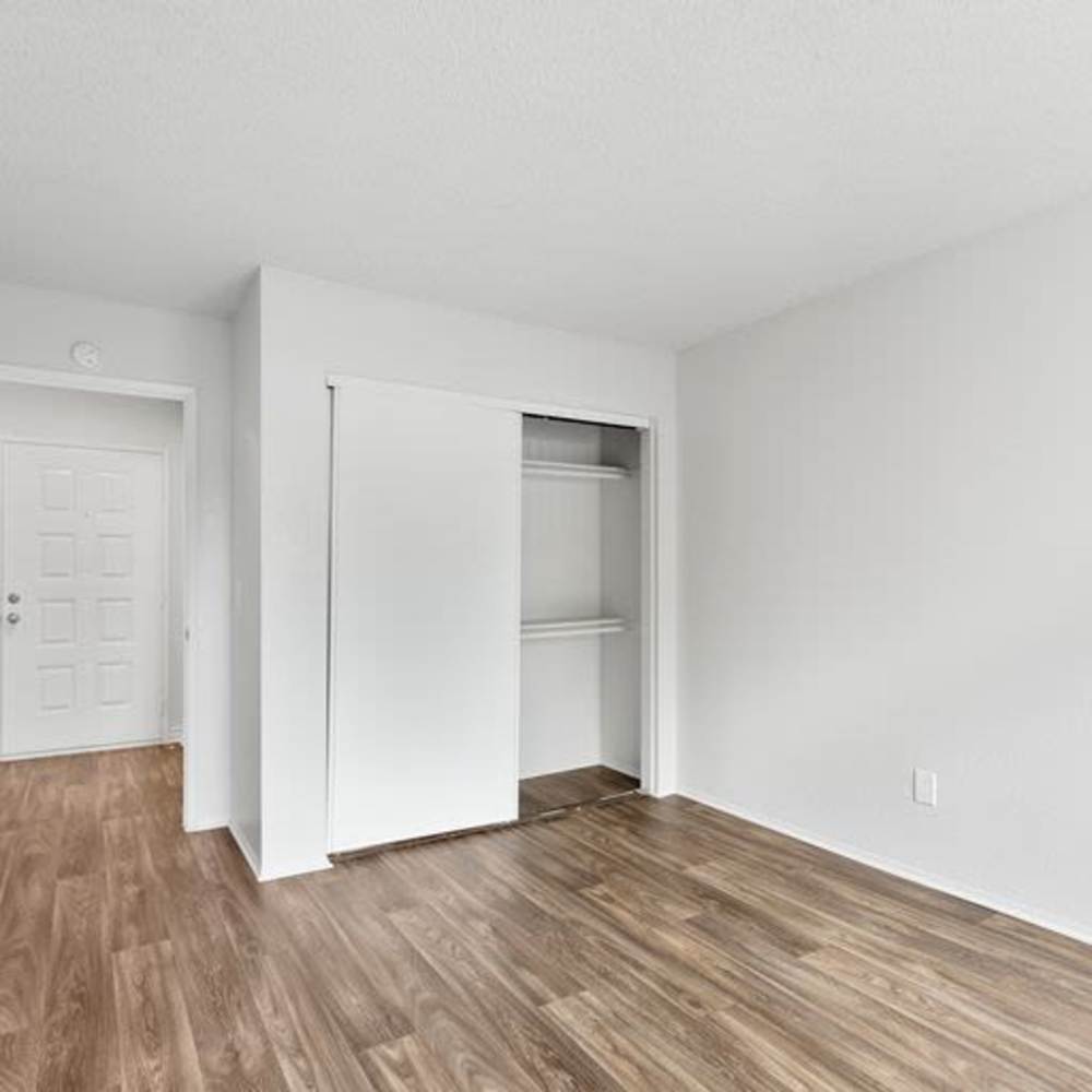 Bedroom with large closets at Mar at Mesa in San Diego, California